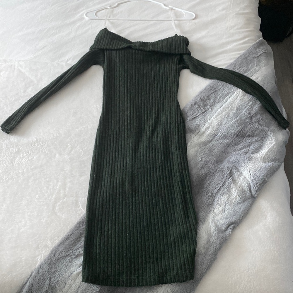 Off the shoulder sweater dress.